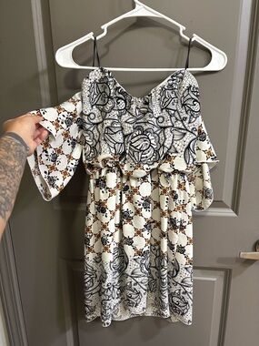 Love Culture Cream and Black Printed Off-Shoulder Mini Dress